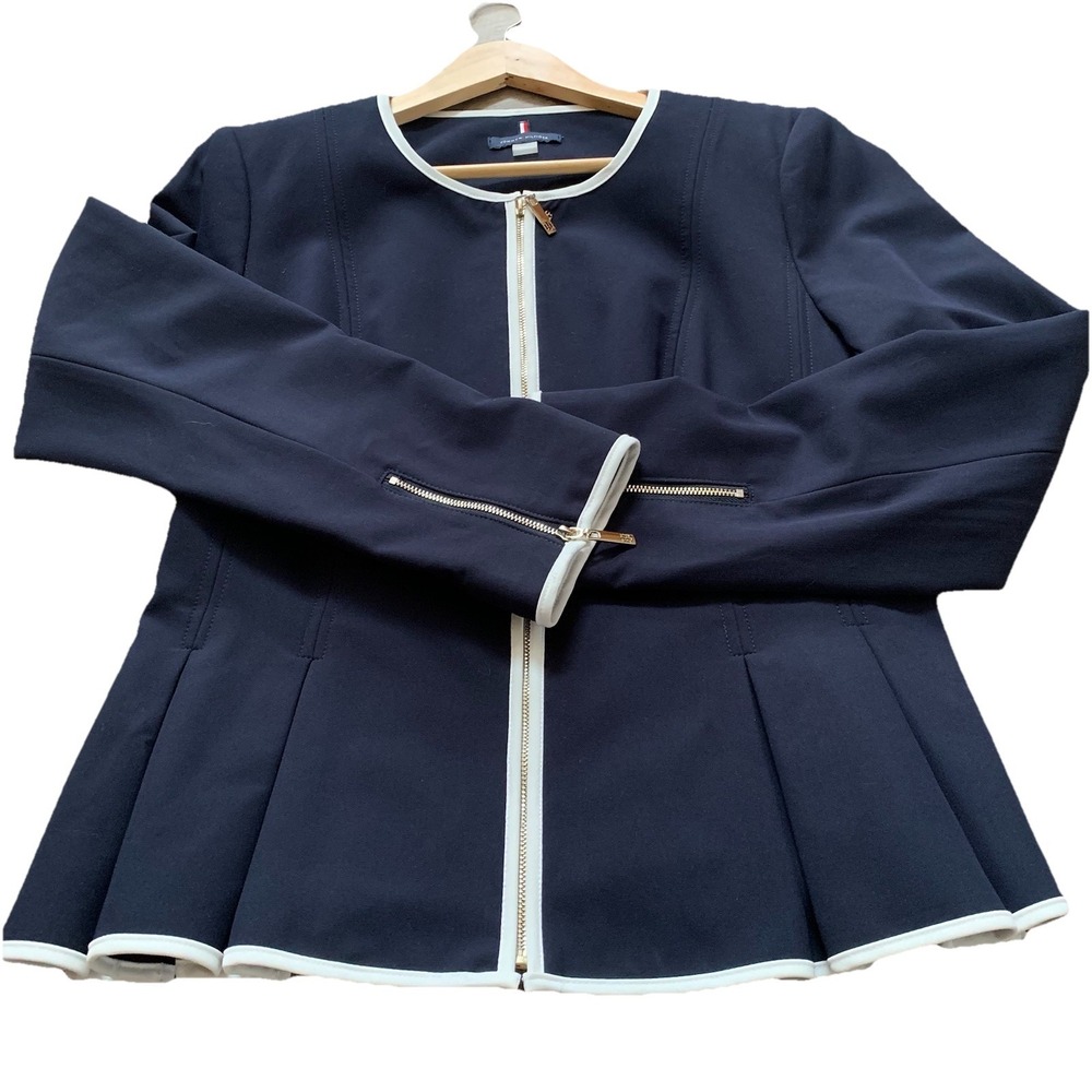 Tommyβ Hilfiger Navy Contrast White Trim Peplum Front Zip Blazer Size 12 Classic